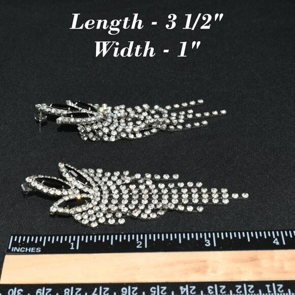 Vintage Black Rhinestone Floral Chandelier Earrings Long Dangle Fringe 3.5” - Picture 10 of 10